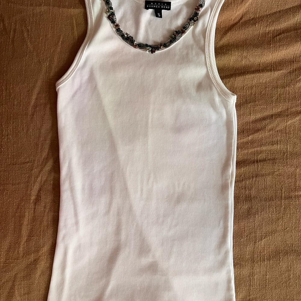 Bianca Nera White Ribbed Tank with Beaded Neckline